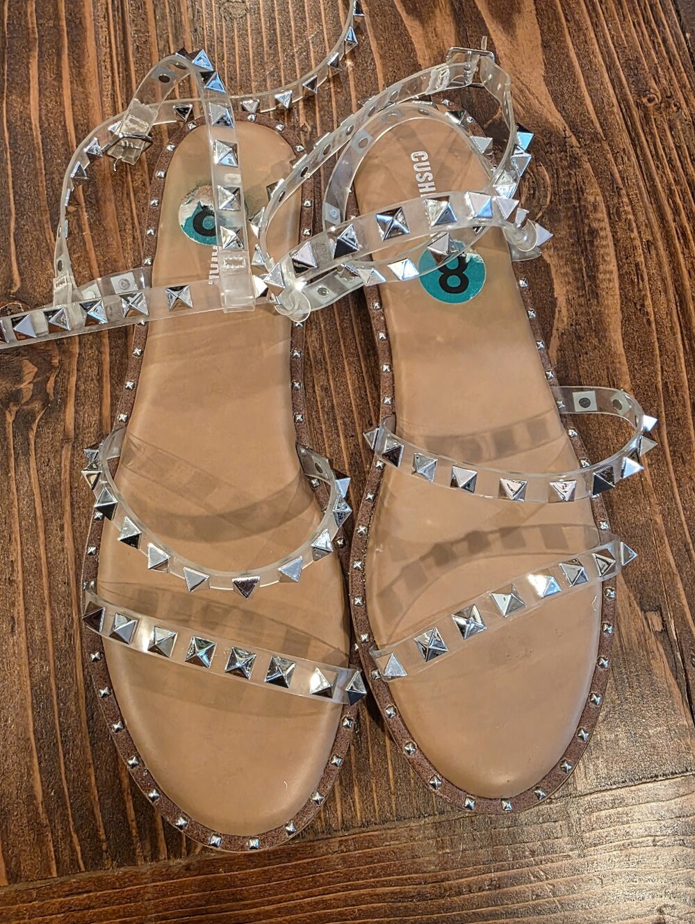 Women's Clear Studded Ankle-Strap Sandals - Transparent/Silver Size 8 Gladiator - Picture 2 of 3